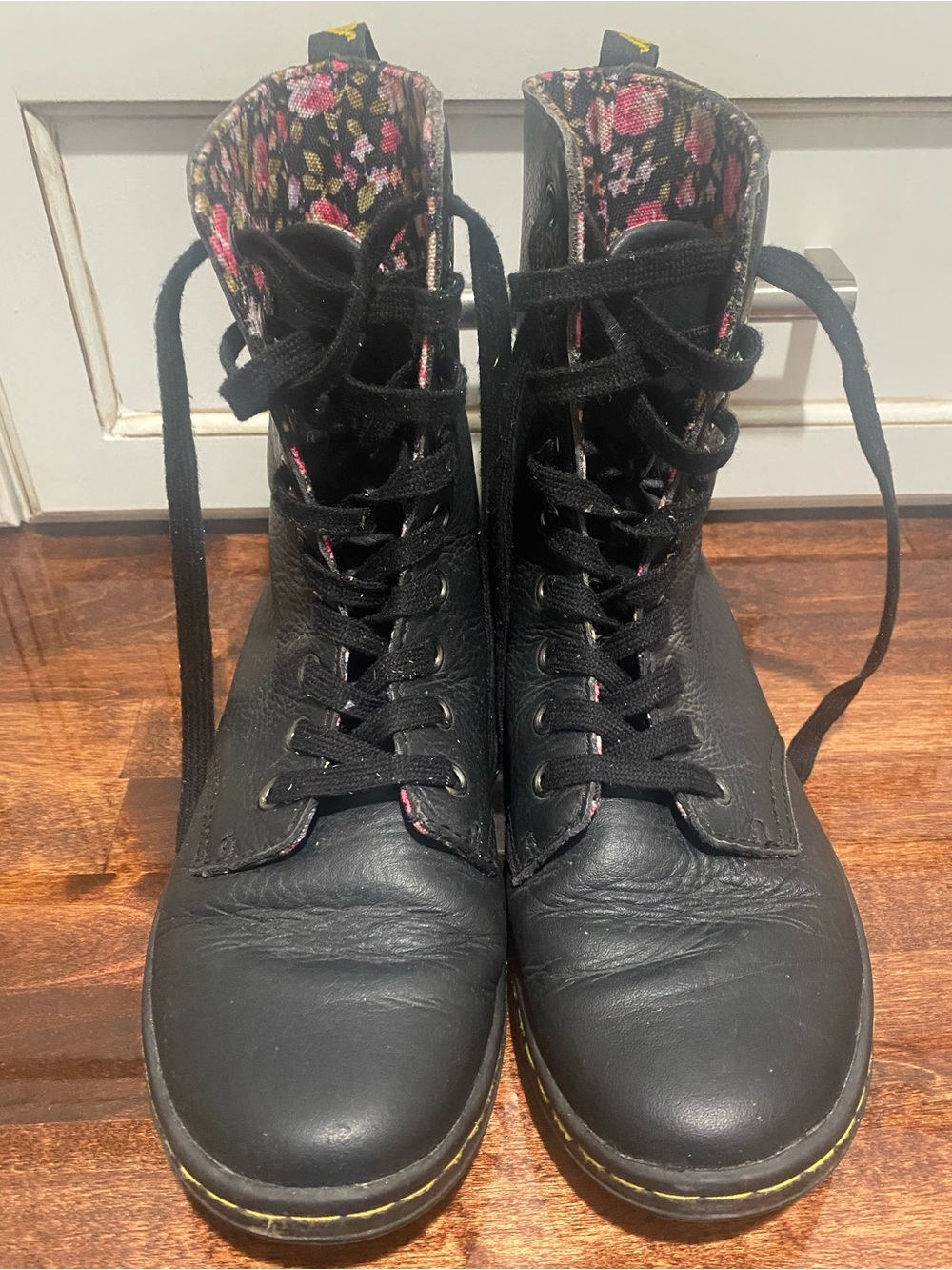 Dr. Martens Black Lace-Up Boots with Floral Lining